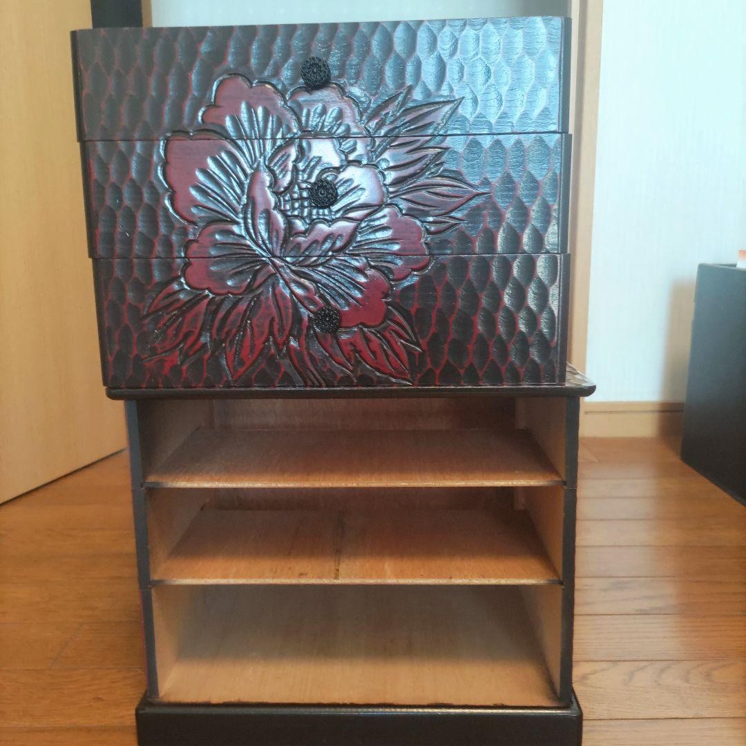 Kamakura-bori lacquerware, peony pattern, text box, 3 drawers