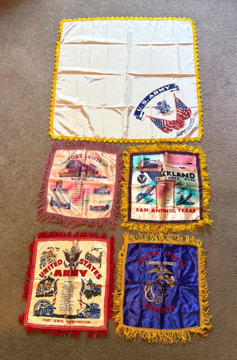 VTG 50s & 60s US Military Pillowcase Lot - Fort Lewis; Lackland; Marines; Army