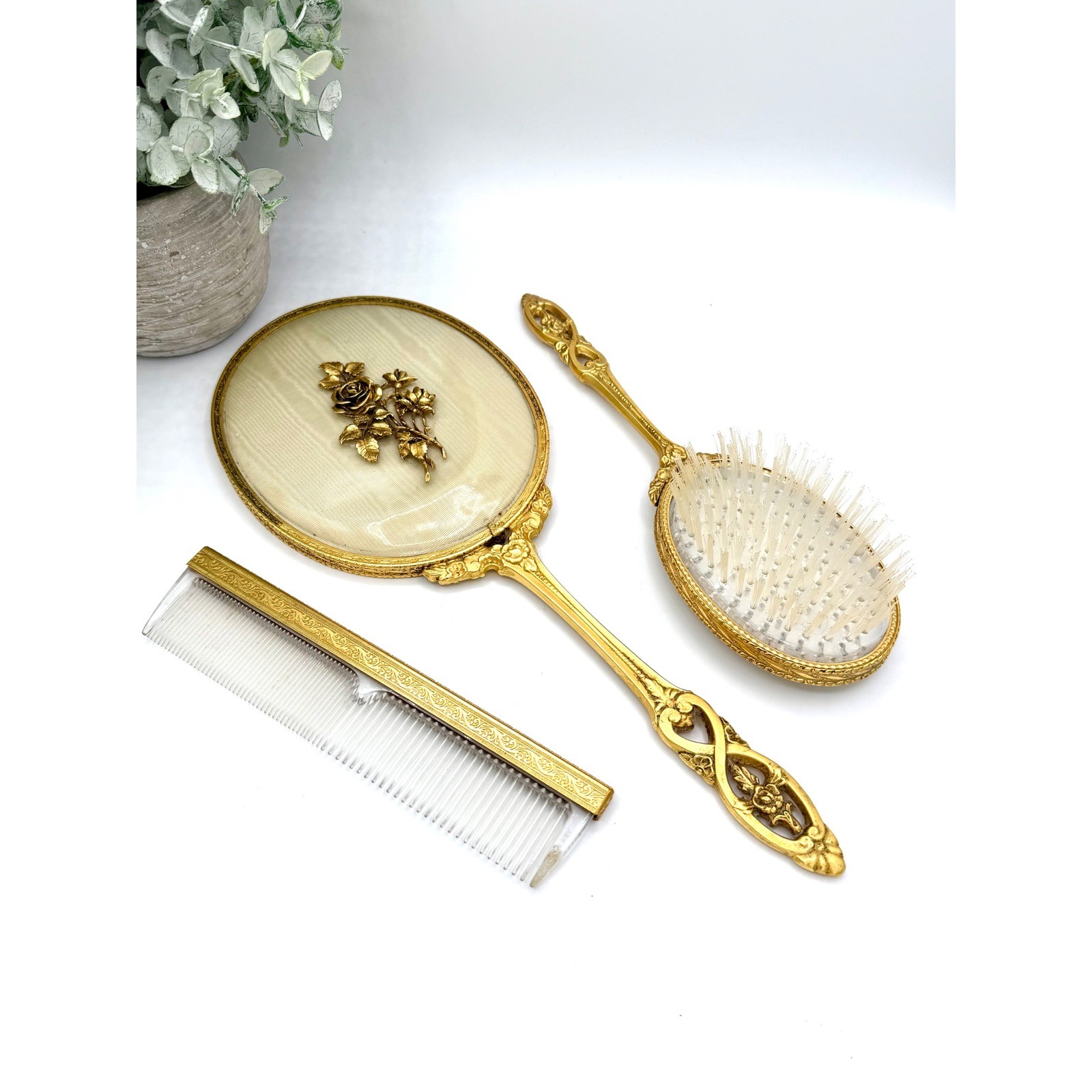 Vintage Gold Tone Vanity Set 3pc Rose Mirror Brush Comb Hollywood Regency
