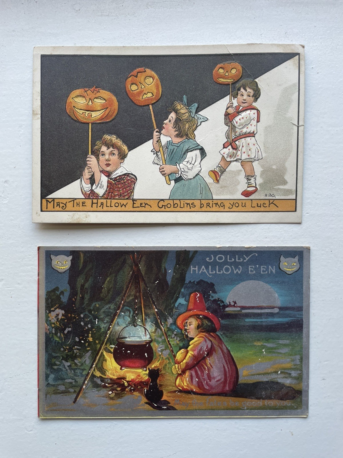 Pair of  Antique 1907-1909 Halloween Postcards Embossed Pumpkin Witch Cauldron 