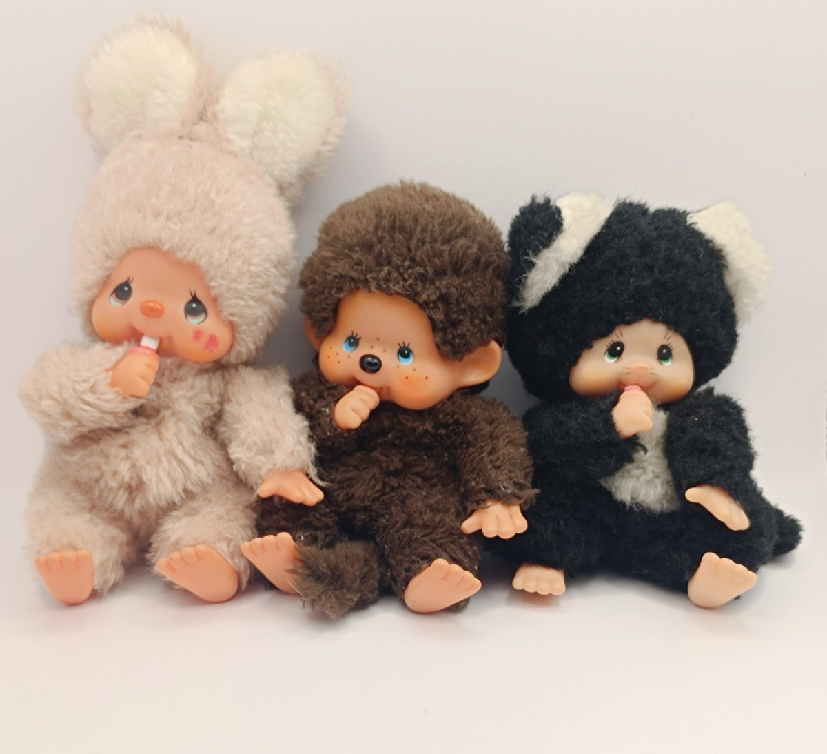Vintage Sekiguchi Monchhichi Set of 3 20cm Plush Dolls Cat Rabbit Brown Japan Ra