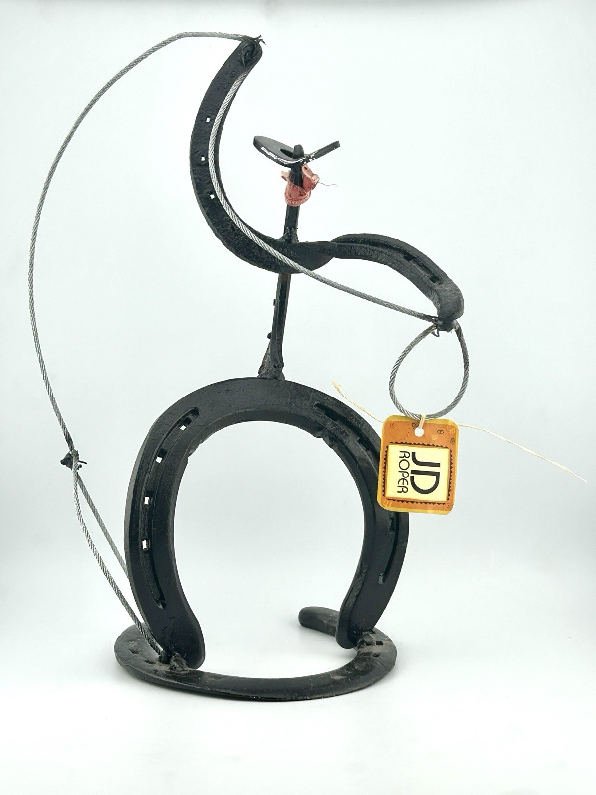 JD Roper Horseshoe Cowboy Iron Metal Sculpture Lasso Western Folk Art VTG