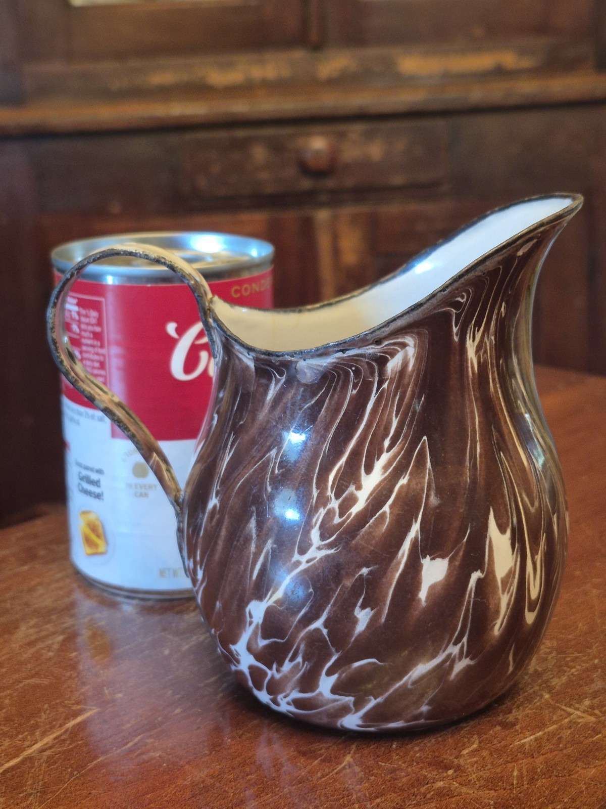 Super Rare Antique BROWN & WHITE Swirl Graniteware SMALL CREAMER