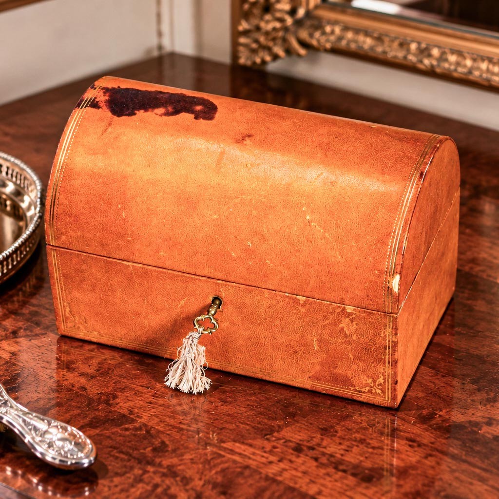 Vintage Italian Leather Jewelry Box Domed Trinket Chest with Lock and Key Vintage Italian Leather Jewelry Box Domed Trinket Chest with Lock and Key
