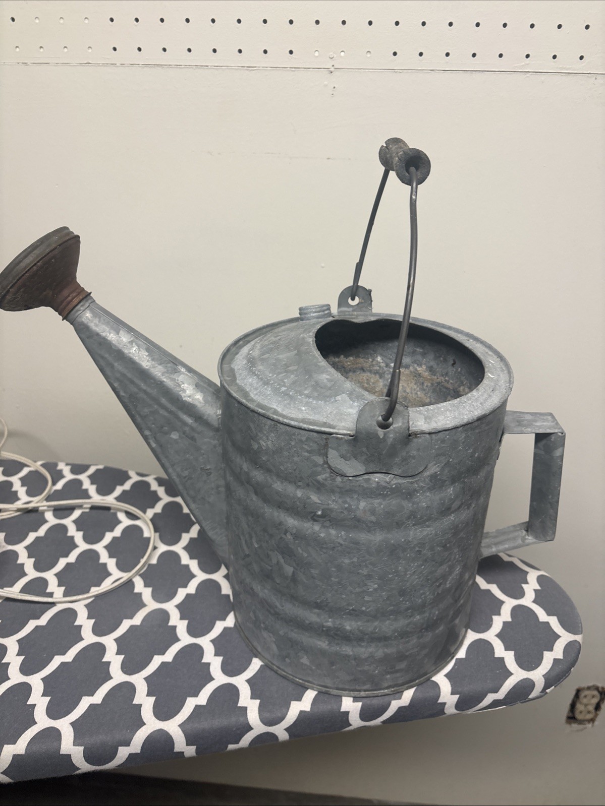 Vintage  Galvanized Watering Can Unique Large Wood Handle  Copper Nozzle
