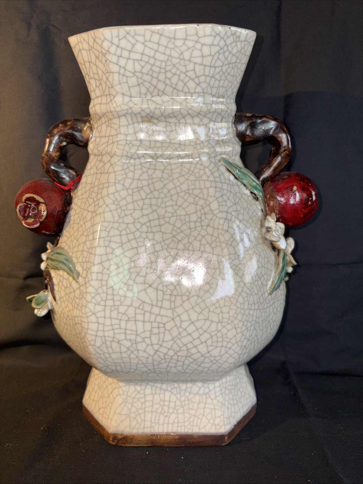 Antique VAN CLEVE Asian LARGE Crackle Vase Pomegranate Daisy Flower Accents RARE