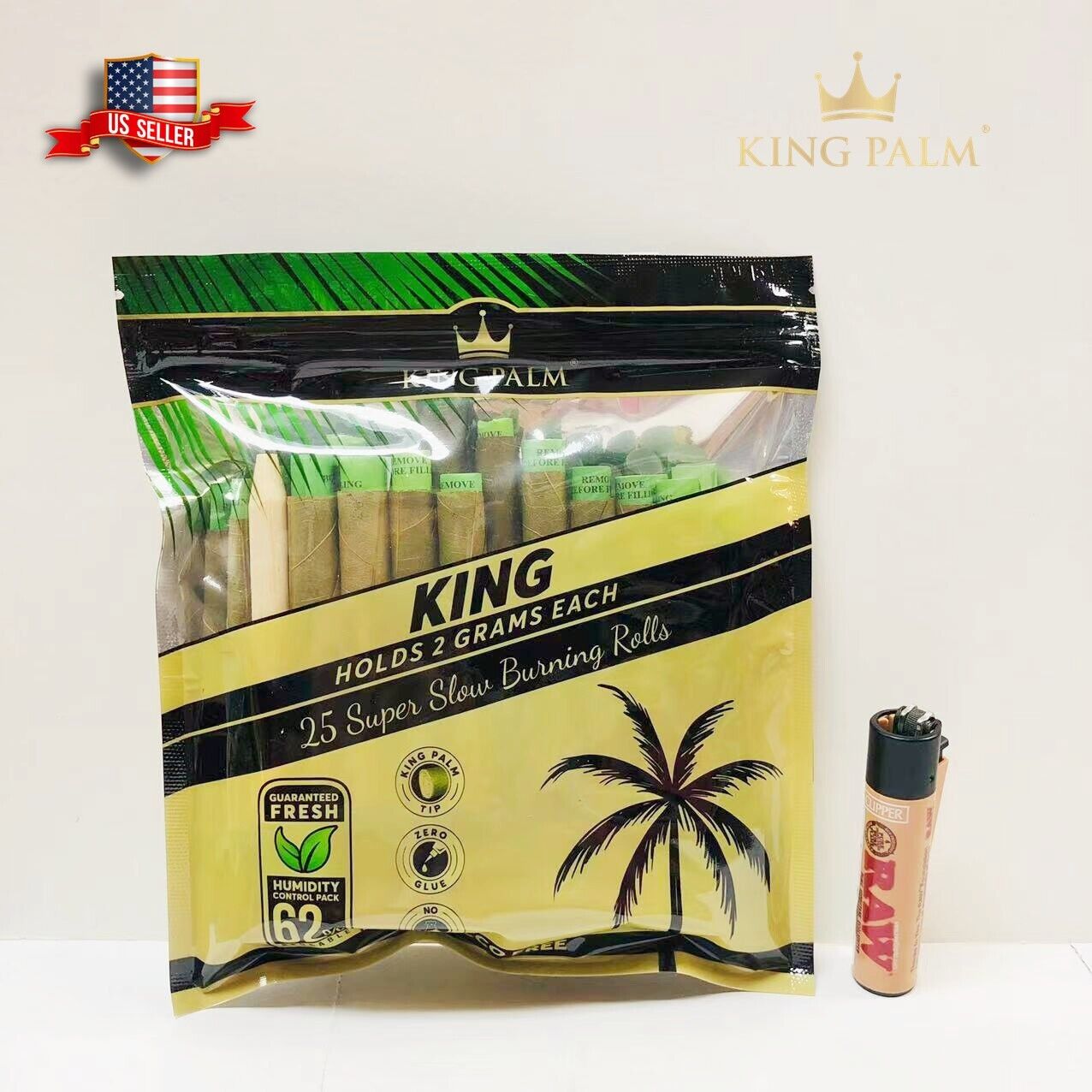 25X KING PALM WRAPS KING SIZE 100% LEAF ROLLS & FREE CLIPPER RAW LIGHTER US SHIP