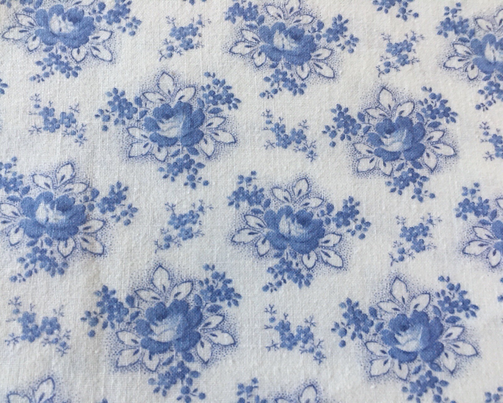 Antique French European Cottage Farm Floral Roses Cotton Fabric - Blue White