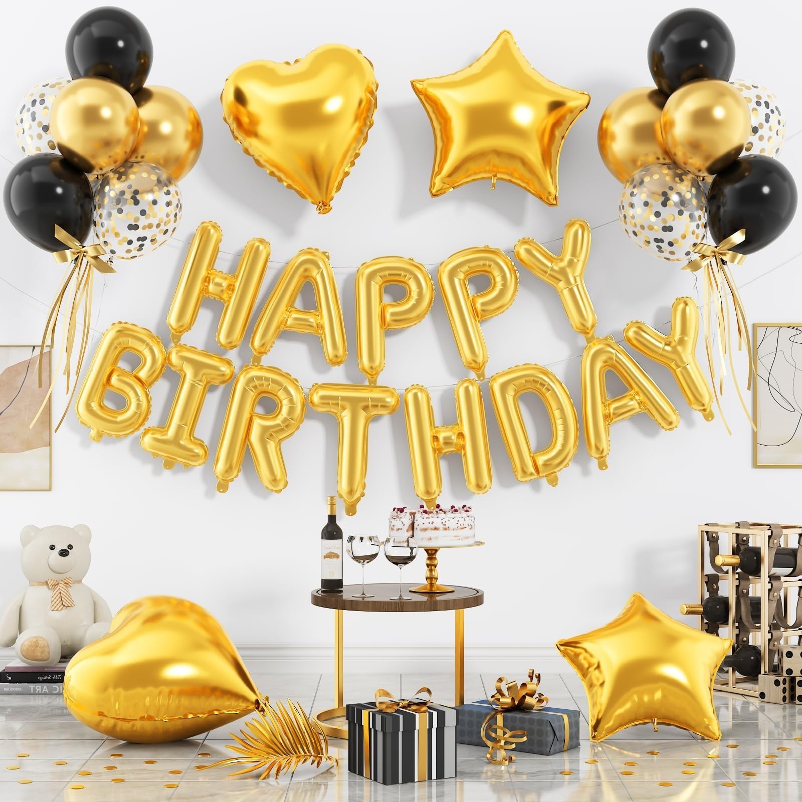 Gold Happy Birthday Banner, 29 PC Black Gold for Graduation Birthday Party