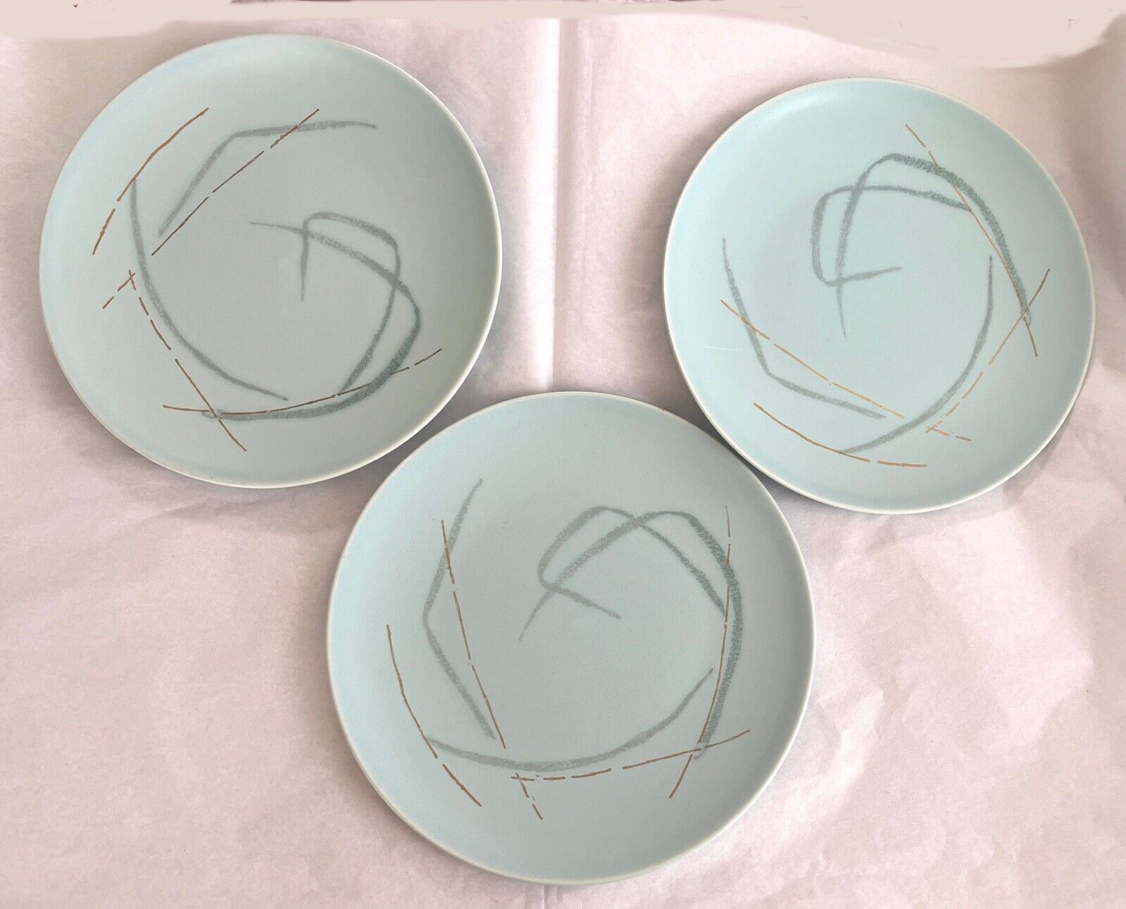 3 Russel Wright By Knowles GRASS Pattern 10.25” Dinner Plates Aqua, Gold & Gray
