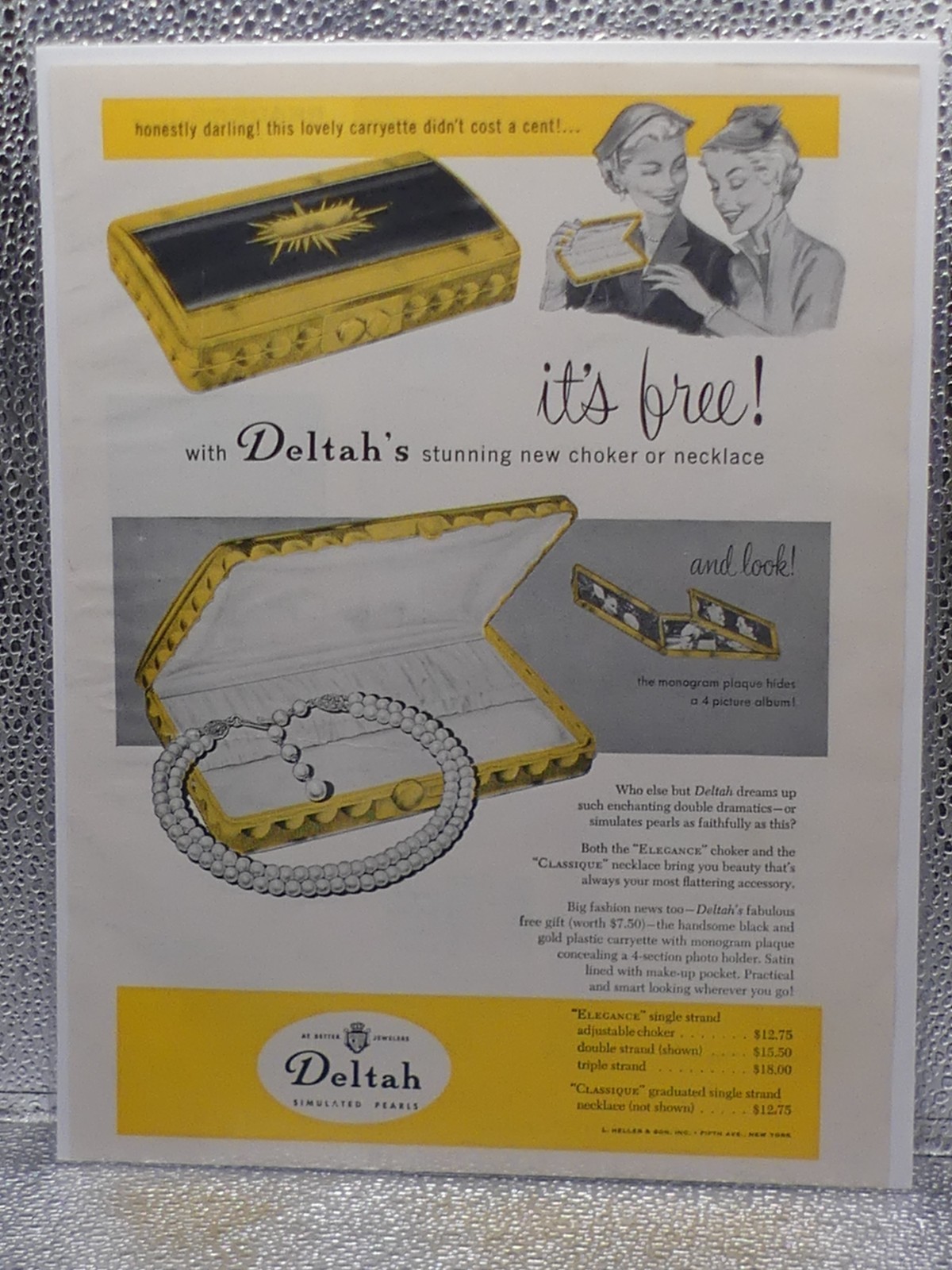 Vintage Deltah Simulated Pearls Magazine 1954-55 Print Advertising Full Page Ad