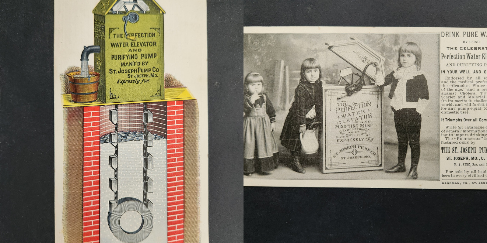 1880 antique PERFECTION WATER ELEVATOR and PURIFYING PUMP st joseph mo AD CARD