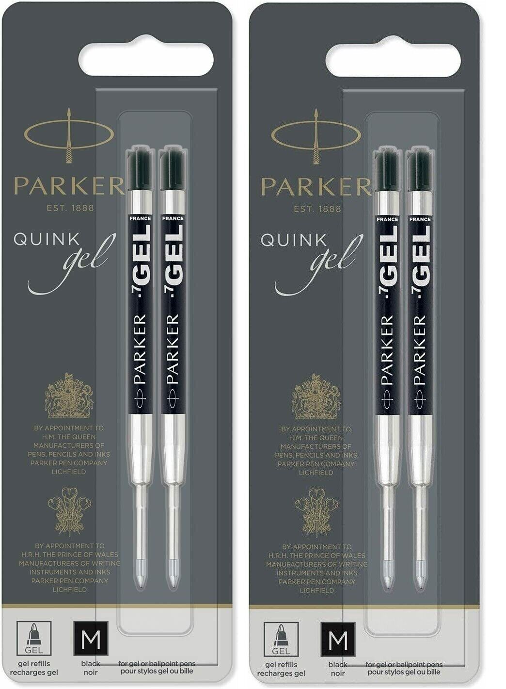 4 - Genuine PARKER QUINK GEL Ballpoint Pen Refills - BLACK .7mm - 2 Sealed Packs