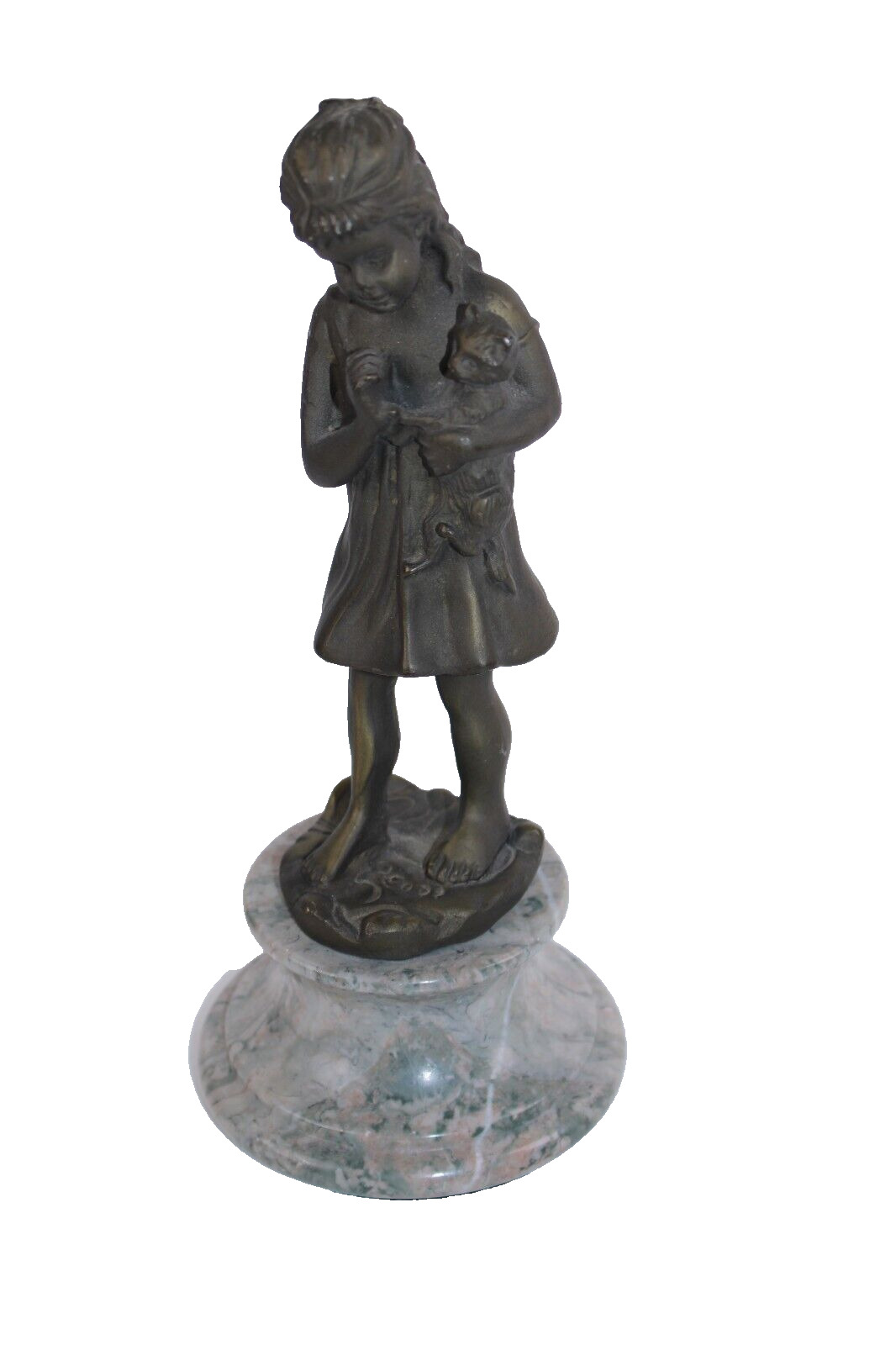 Old Bronze Girl With Cat Statue On Marble Base 9\