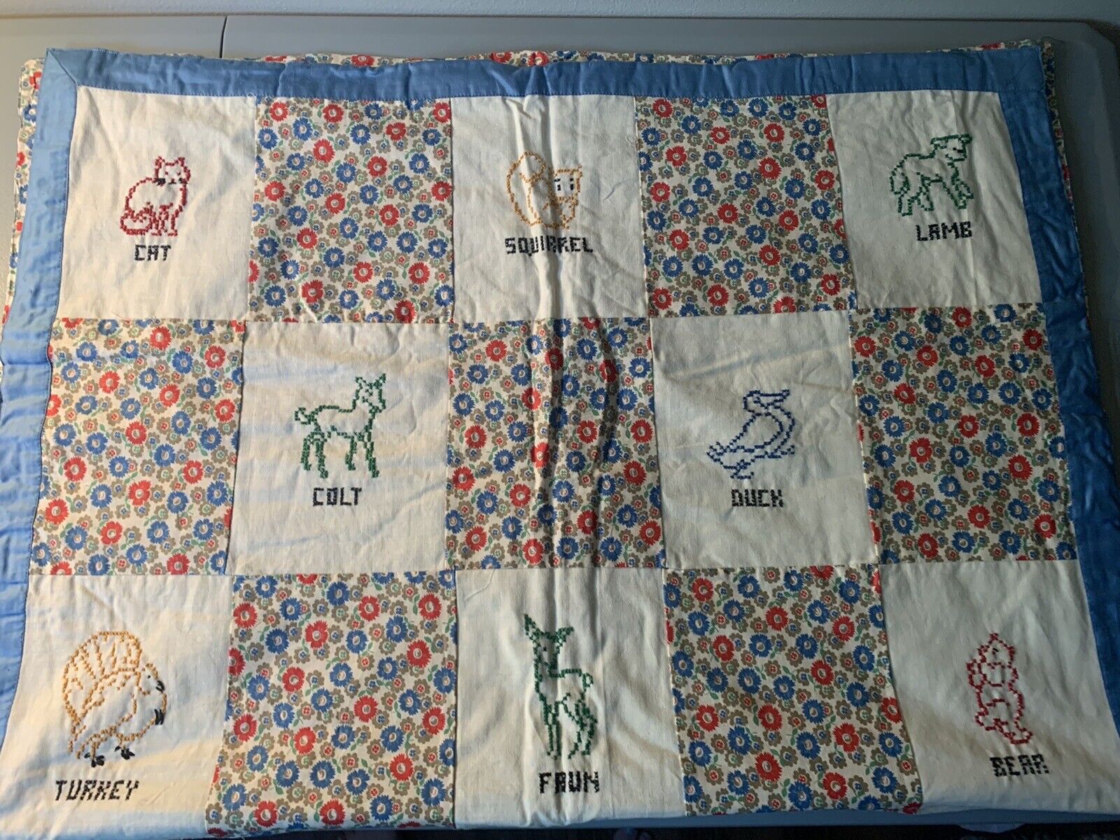 Charming Vintage Handmade Quilt 46” x 33” Embroidered  Animals Owl Turkey Fawn