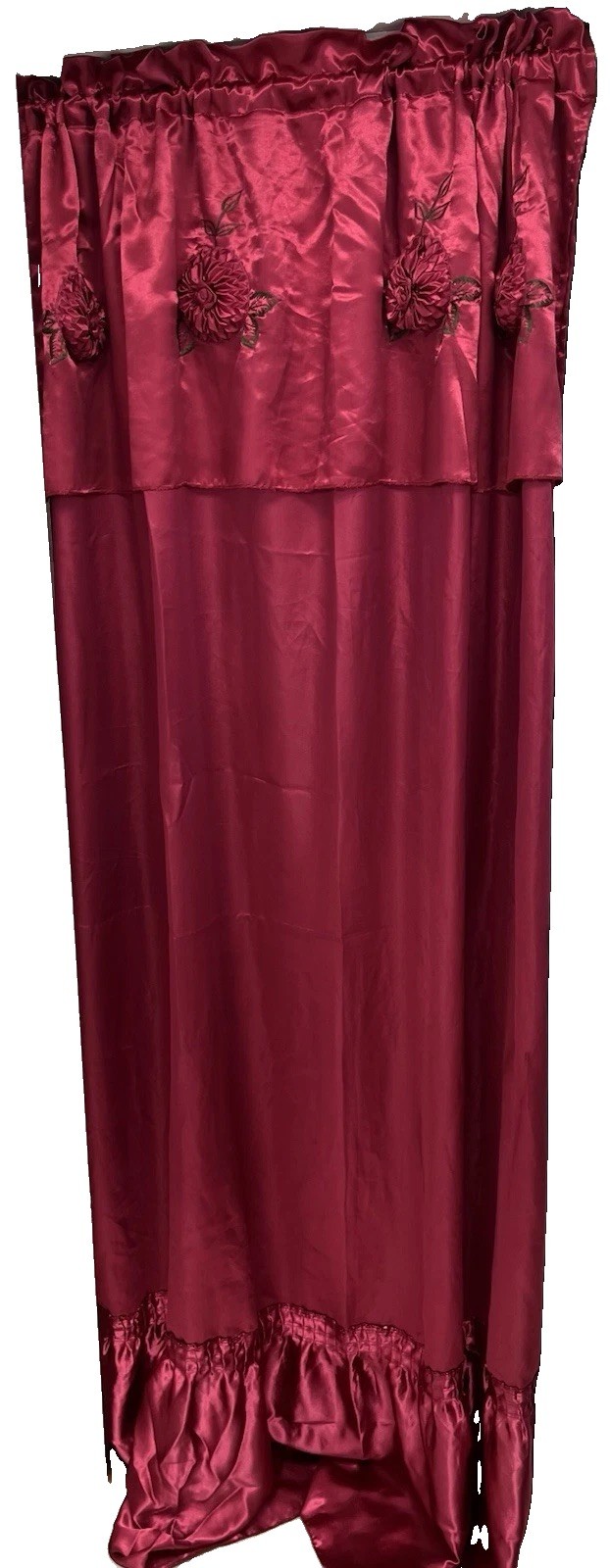 Vintage Red Satin Ruffled Curtain Attached Valence & Large 3D Flowers Hollywood Vintage Red Satin Ruffled Curtain Attached Valence & Large 3D Flowers Hollywood