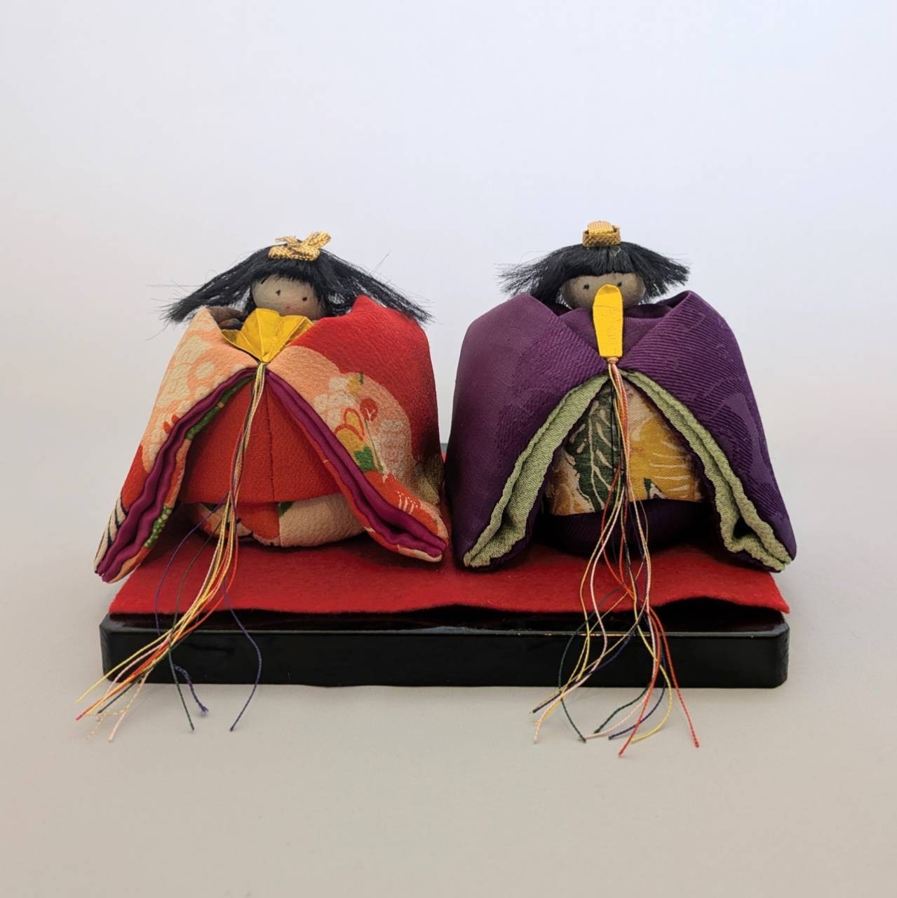 Vintage Japanese Handmade Chirimen Kimono Fabric Standing Hina Dolls Screen Set