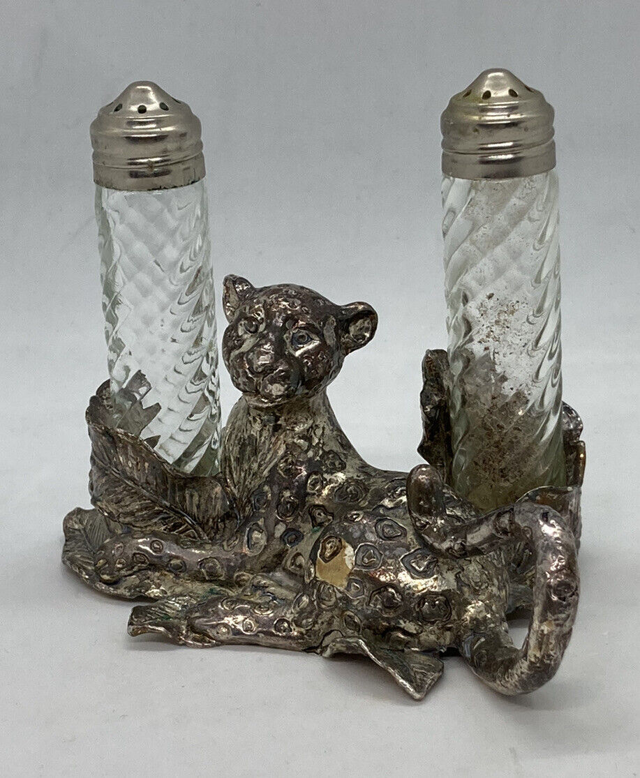 Rare Arthur Court 1998 Brass Leopard Glass Salt Pepper Shaker Set Art Decor 10