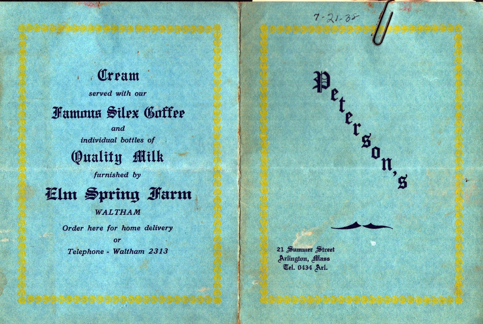 1938  Peterson's Restaurant Menu   Arlington  Massachusetts   7