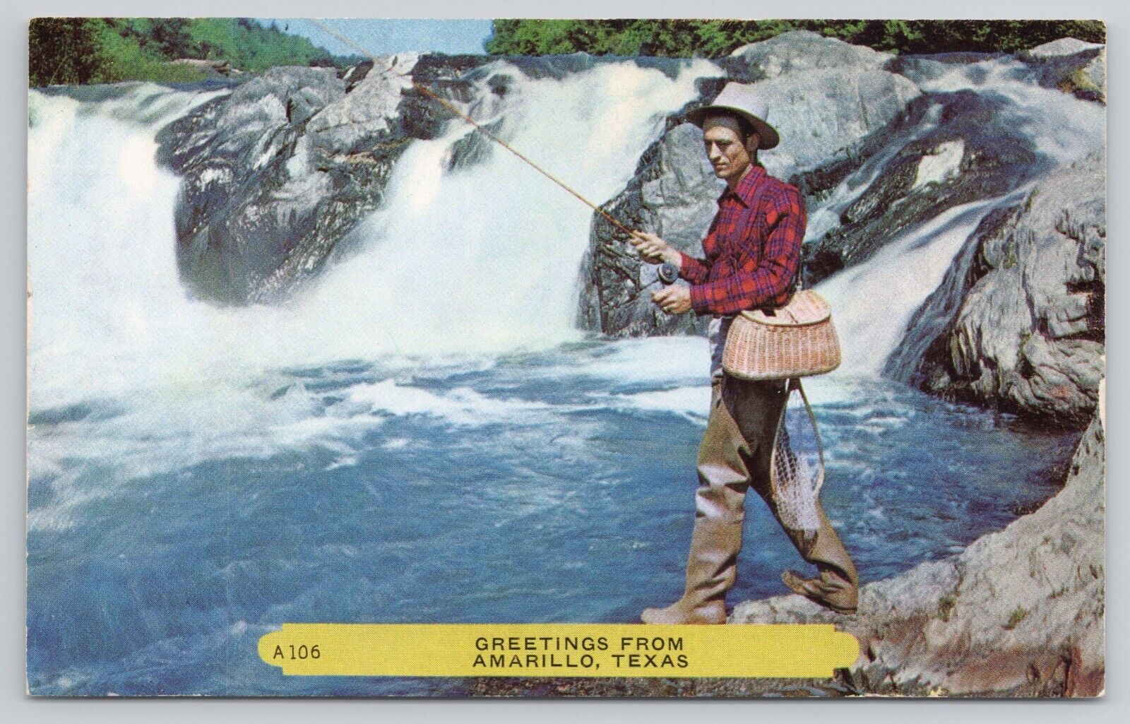 Greetings from Amarillo Texas TX Fisherman Trout Fishing Stream River Postcard