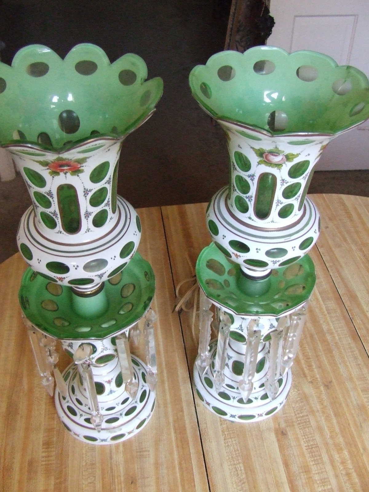 Vintage Pair of Bohemian Czech Glass Mantle Luster Lamps Vintage Pair of Bohemian Czech Glass Mantle Luster Lamps