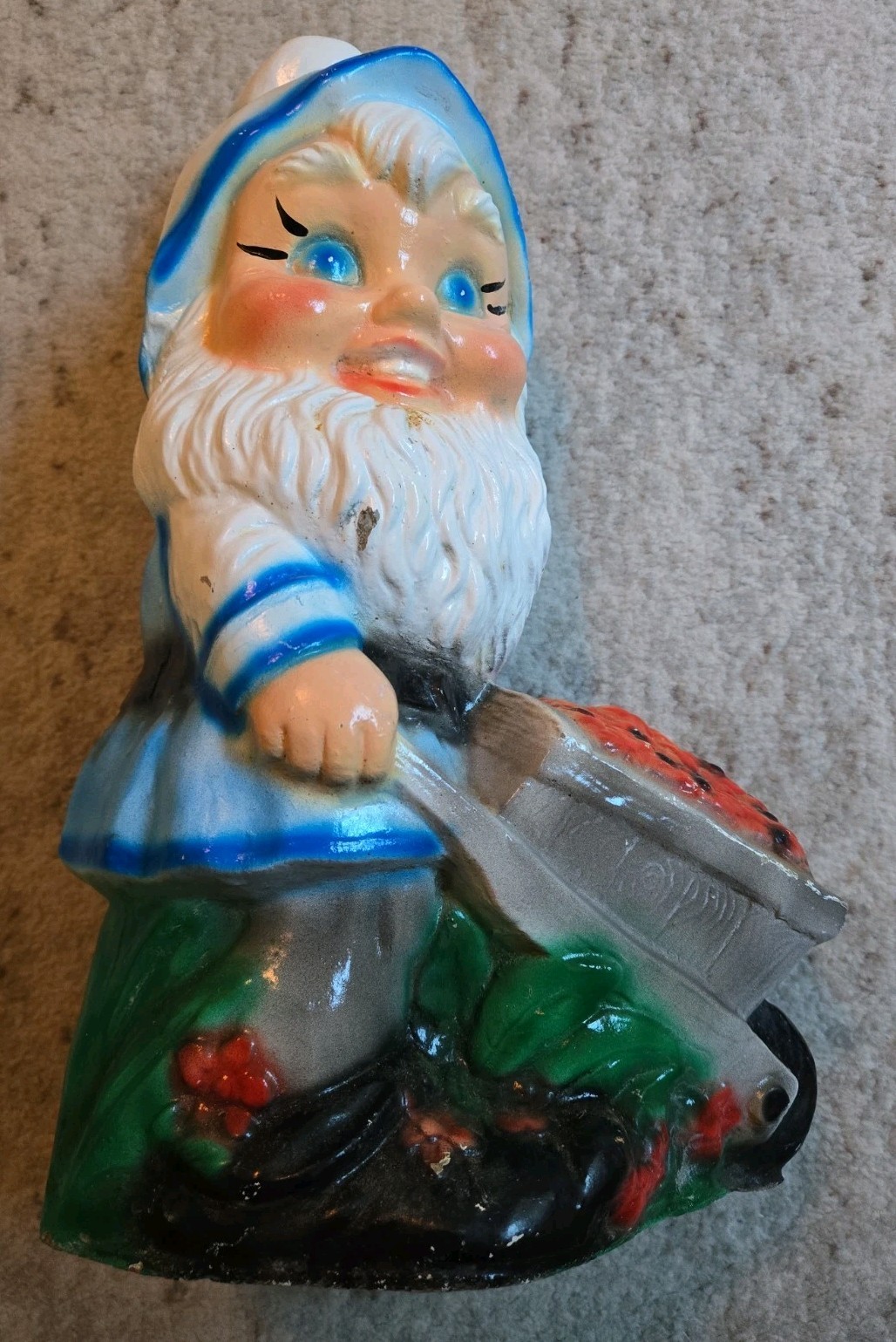 Large Vintage 17” Painted Cement Garden Gnome Wheelbarrow With Spring Flowers