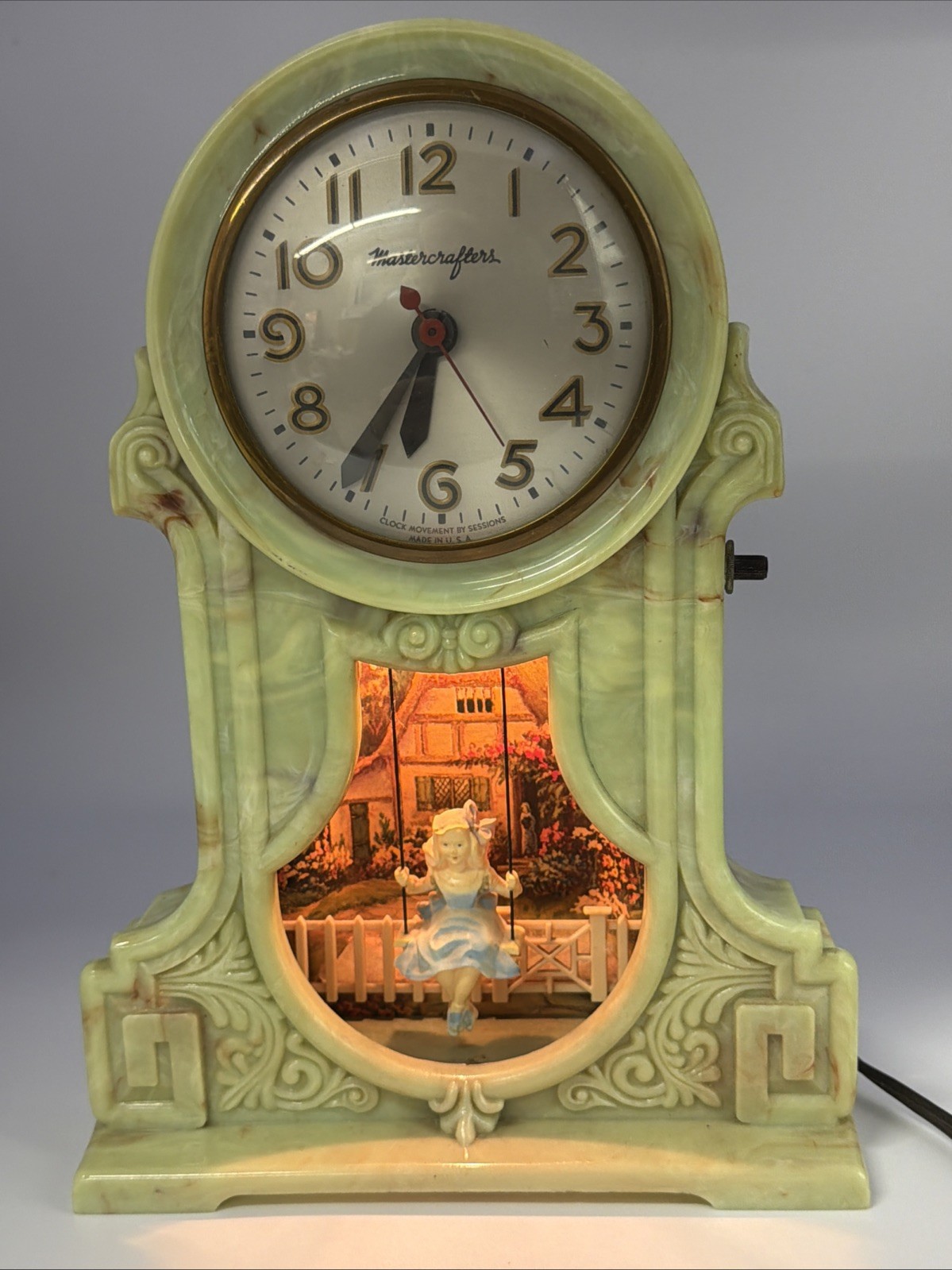 Vintage Mastercrafters Swinging Girl Motion Clock Lighted Faux Green Onyx Works