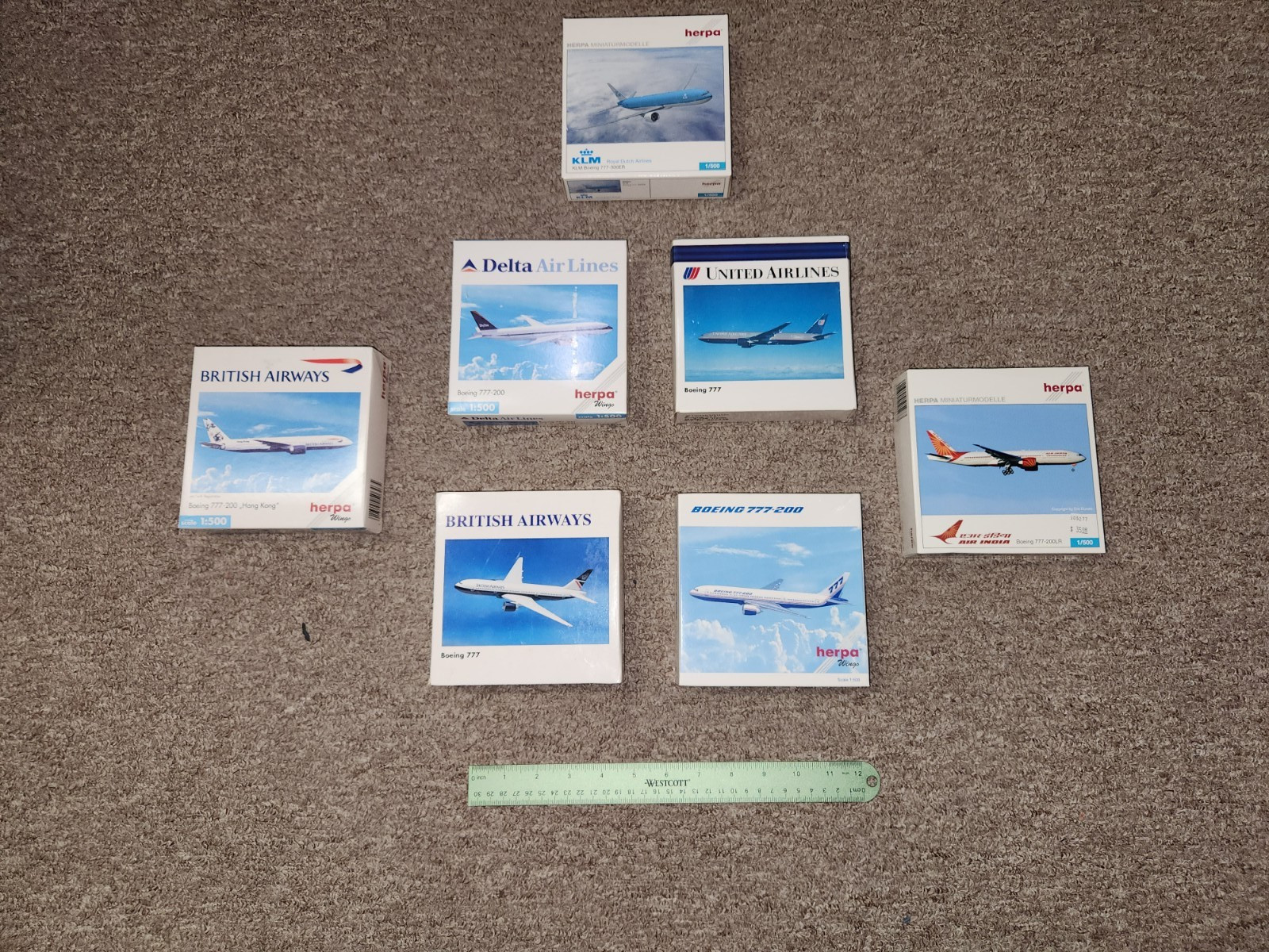 Vintage Herpa Wings 777, 777-200 Air India Aircraft ALL 7 Planes Mint in Box