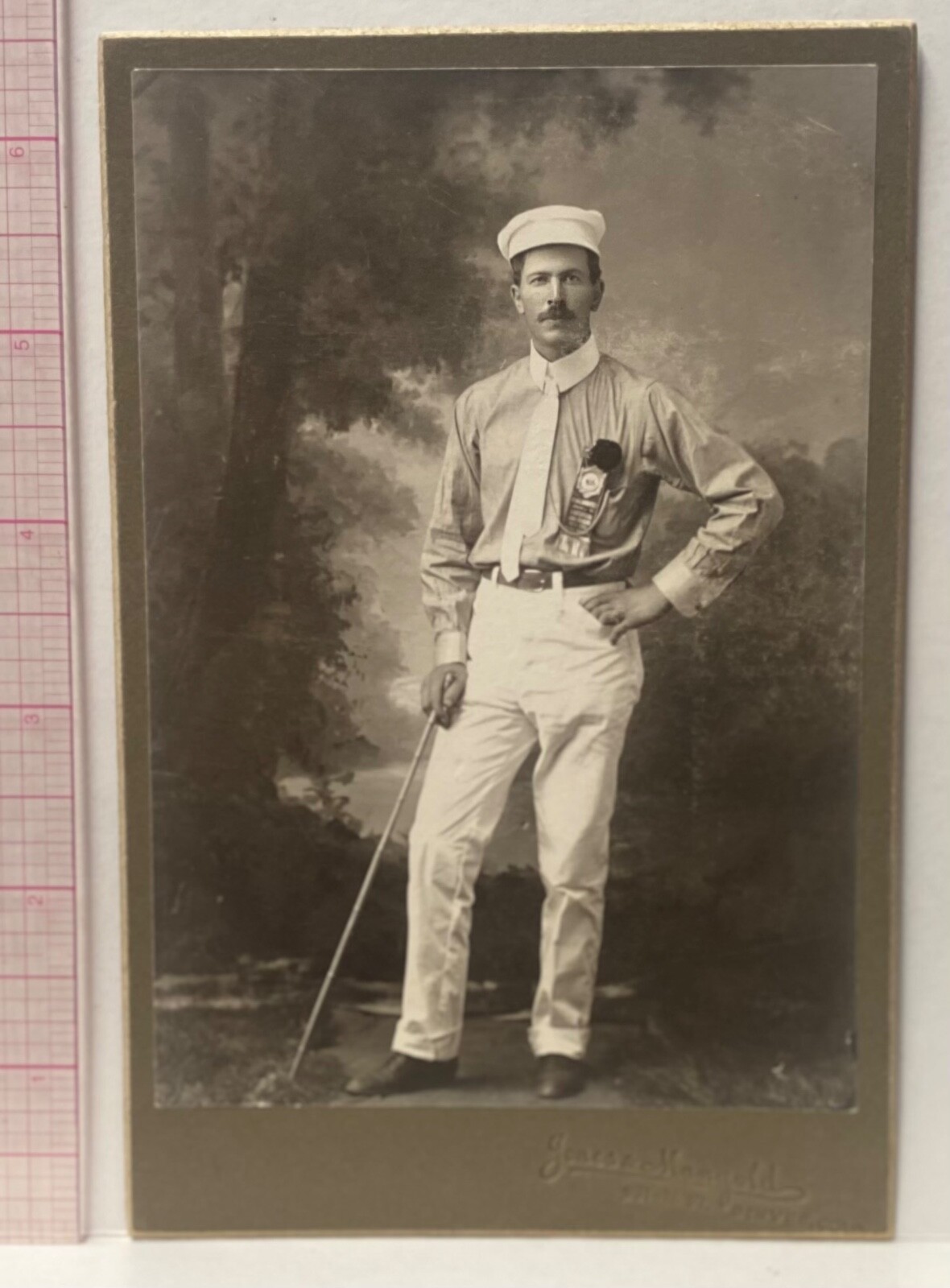 HANDSOME MAN wCANE~JAUNTY CAP~MEDAL~WHITE CLOTHES~DENVER CO~CABINET CARD PHOTO