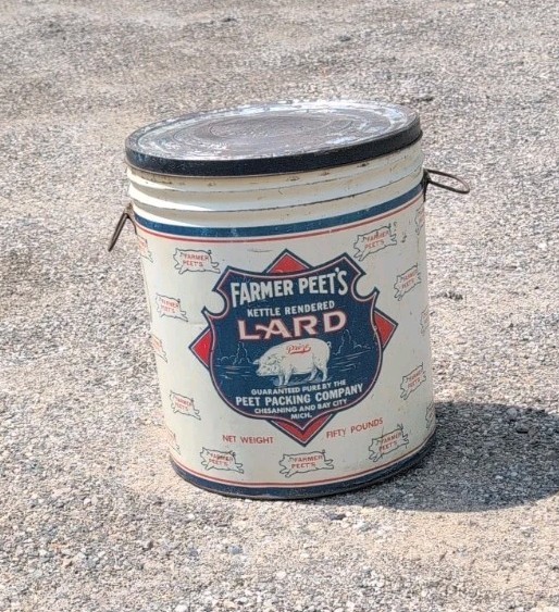 Vintage 1940s Farmer Peet's Kettle Rendered Lard Tin Pail Lid Pig Michigan 50lb