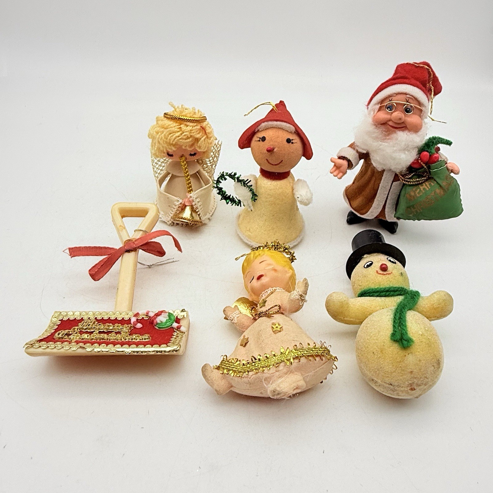 Lot of 6 Vtg  Christmas ornament Snowman, Santa, Angel, Shovel Flocked, Handmade