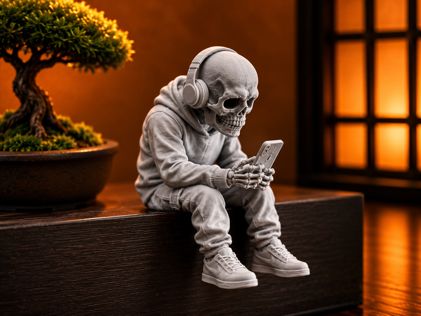 Skeleton Doom Scroller Figurine Edge Sitting Skull Phone Desk Decor 3D Printed