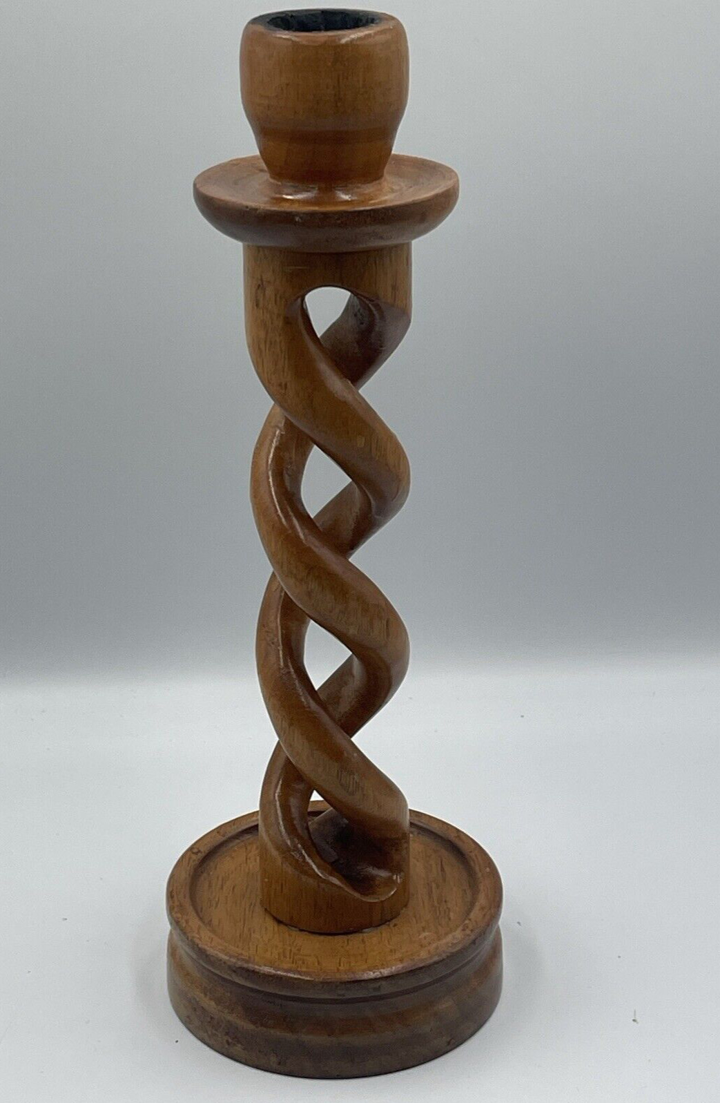 Twisted Wooden Candlestick Holder MCM Primitive 11.5” Tall