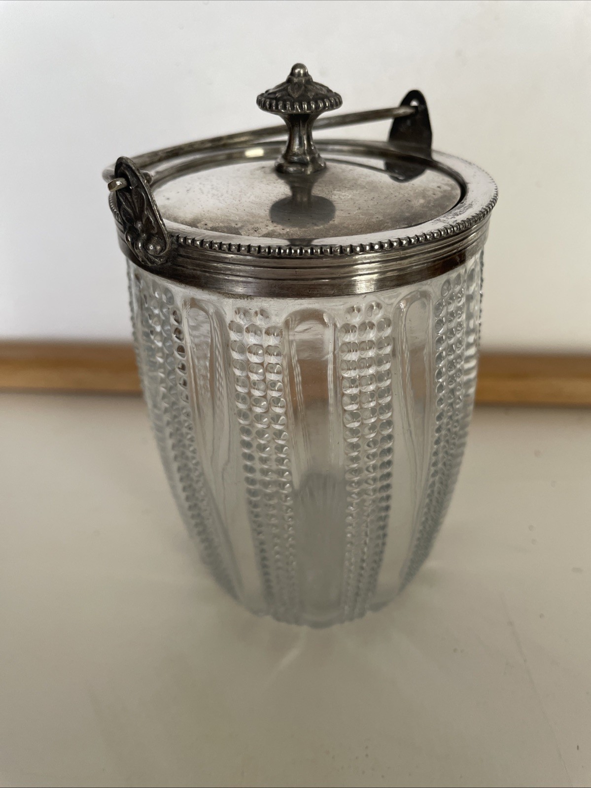 Antique EAPG Pressed Glass Paneled Dew Drop  Biscuit Jar Silver Lid & Handle