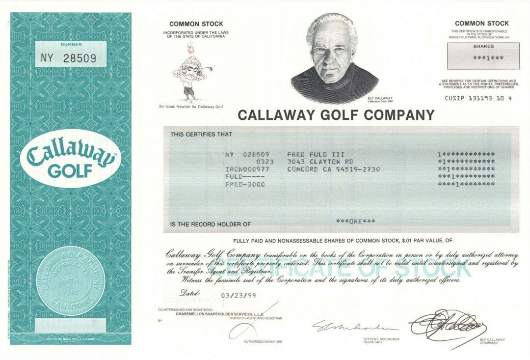 Callaway Golf Co. - Stock Certificate - Sports Stocks & Bonds