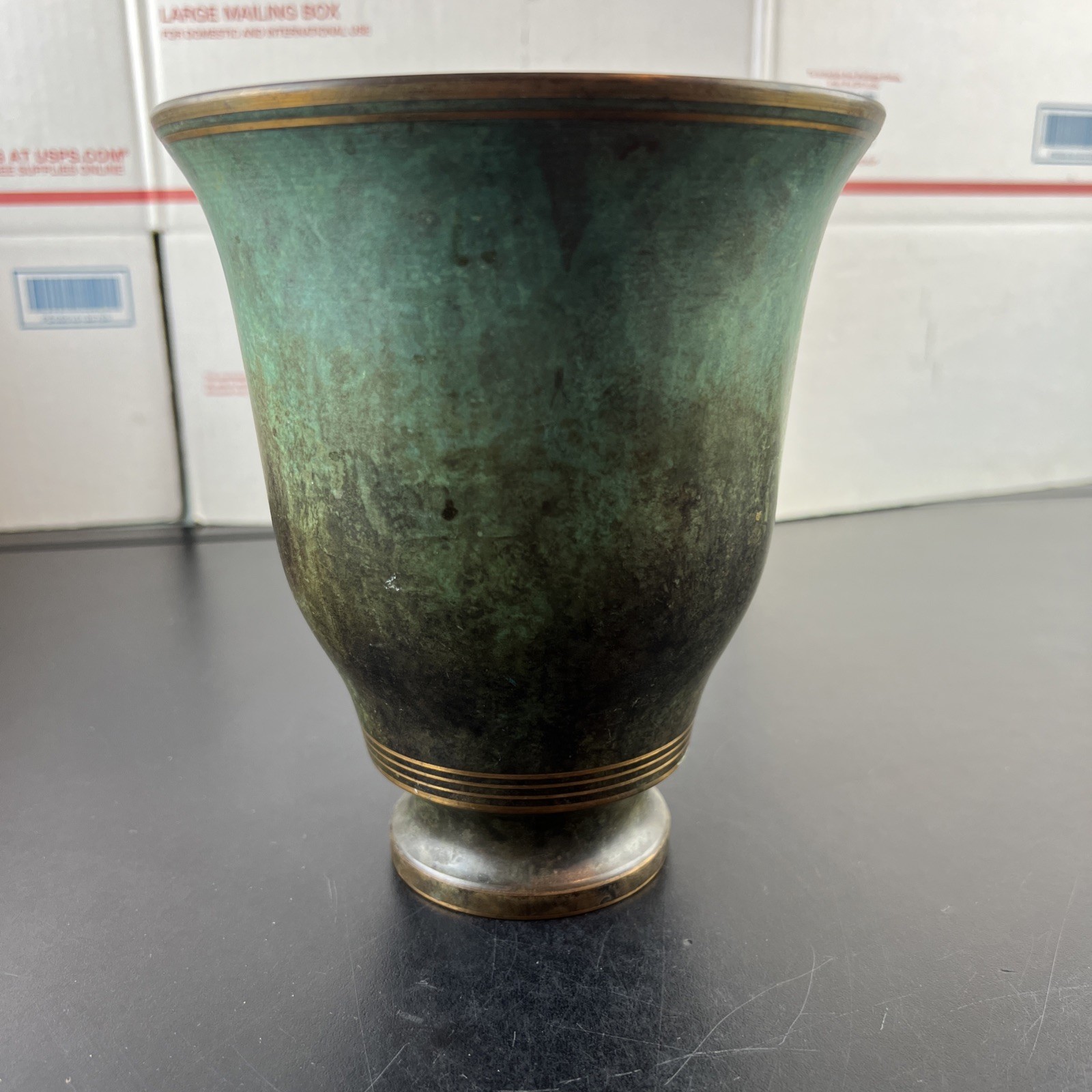 Antique Signed Carl Sorensen Bronze Footed 7” Vase Verdigris Stamped 1422 Antique Signed Carl Sorensen Bronze Footed 7” Vase Verdigris Stamped 1422
