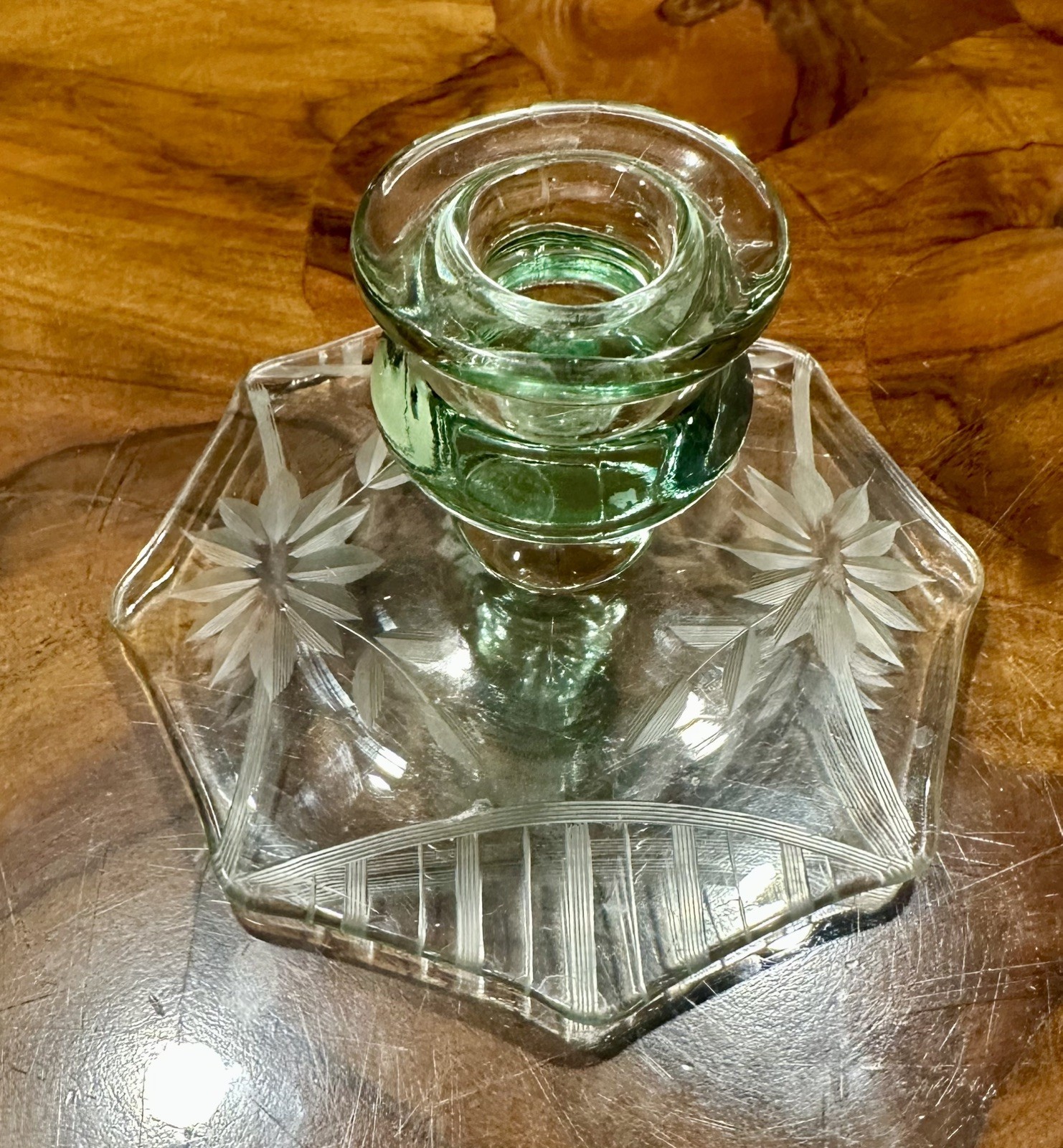 Vintage art deco green candlestick holder with etched base, depression era