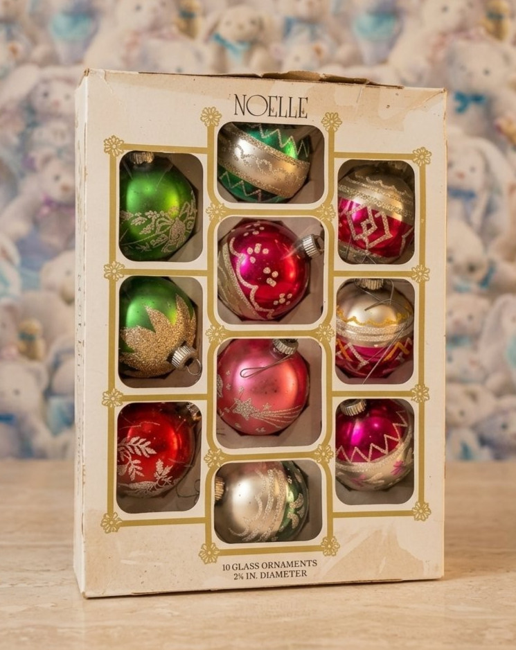 Vintage Noelle Glass Christmas Ornaments Box Set of 10 Balls 2.25 Vintage Noelle Glass Christmas Ornaments Box Set of 10 Balls 2.25