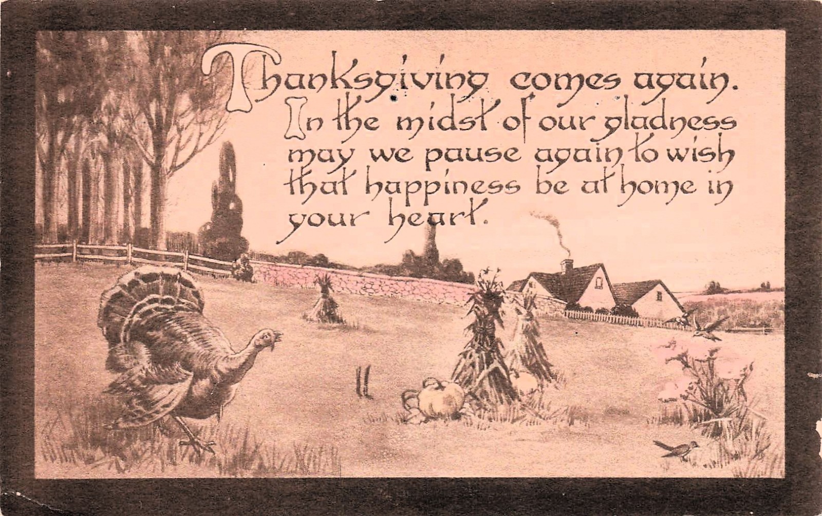 Antique Thanksgiving Card Turkey Farm Scene Rural Country Side Vtg Postcard 10A