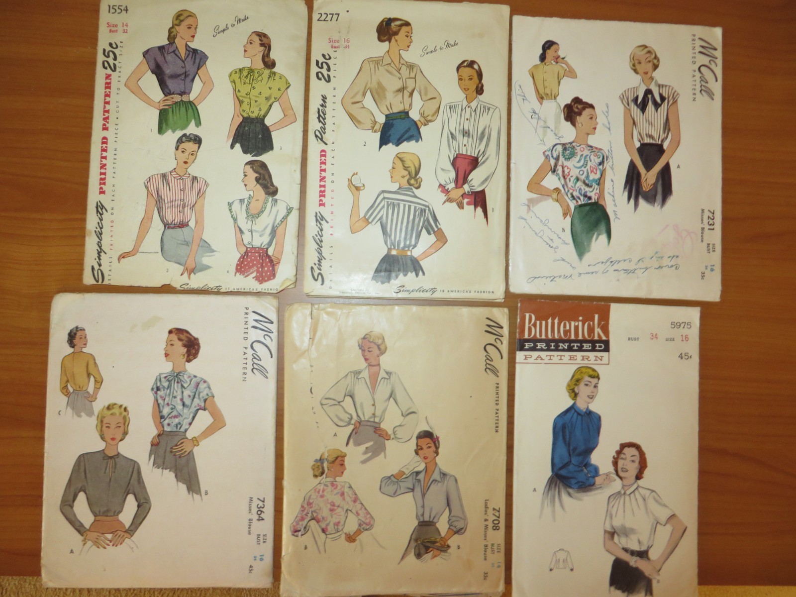 Lot 6 Vintage 1940s Blouse Patterns Size 14 16 McCall Simplicity Butterick