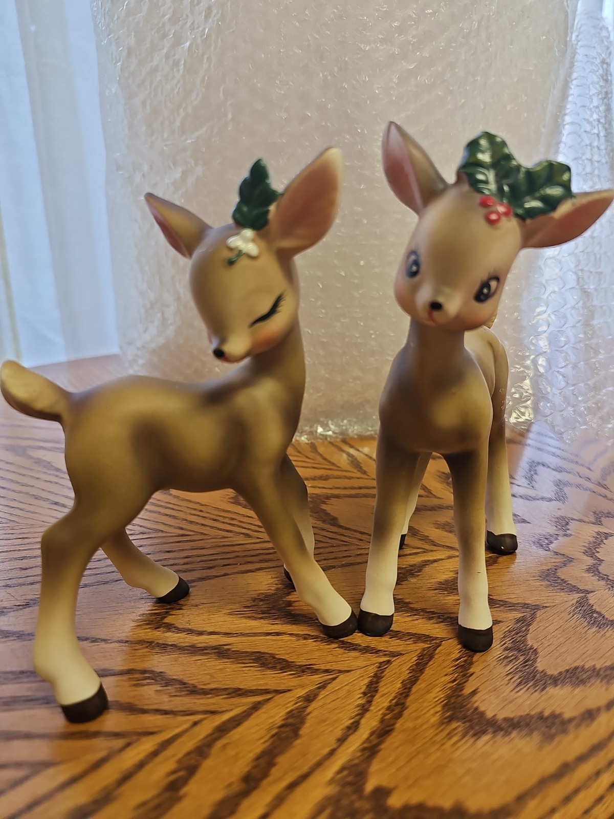 Vintage pair of Josef porcelain ceramic Holly Berry Deer ( Set of 2 )