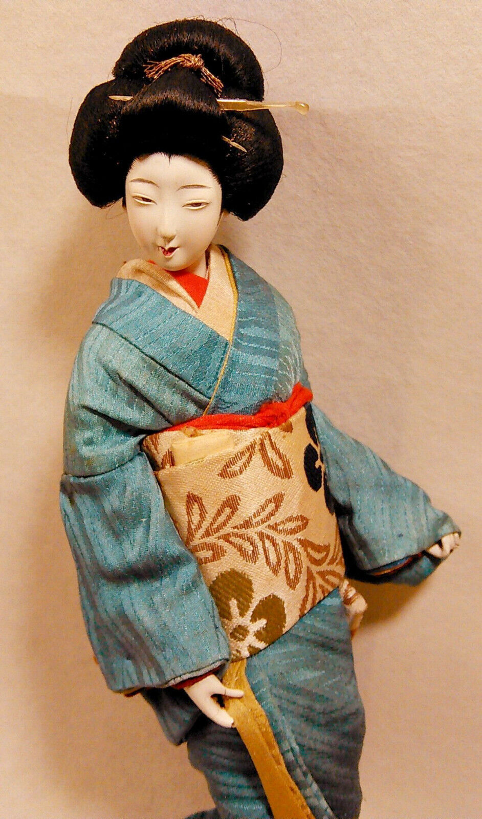 Antique:  Pretty Japanese Gofun Doll 1950\'s: Rare Geisha Tall Blue Kimono: 12”