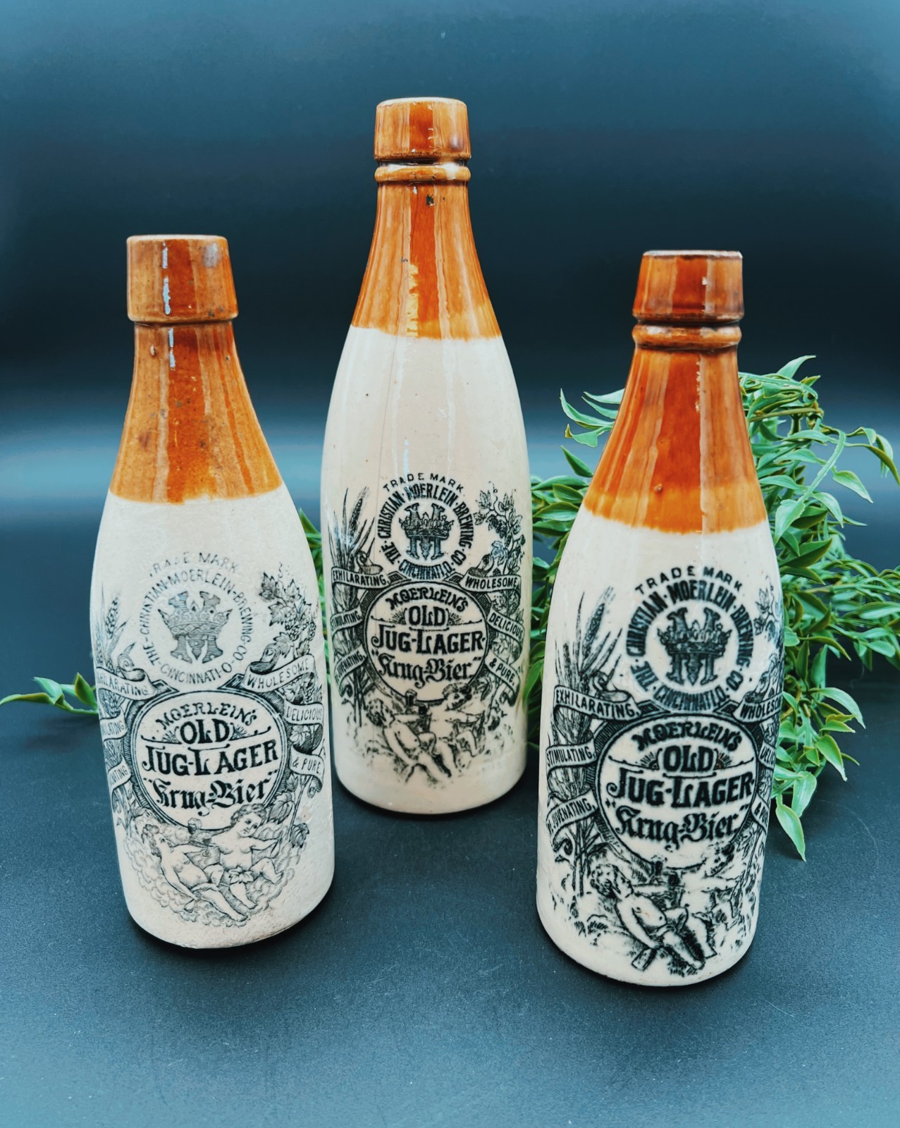 Vintage Moerlein\'s Old Jug Lager Stoneware Beer Bottles Lot of 3