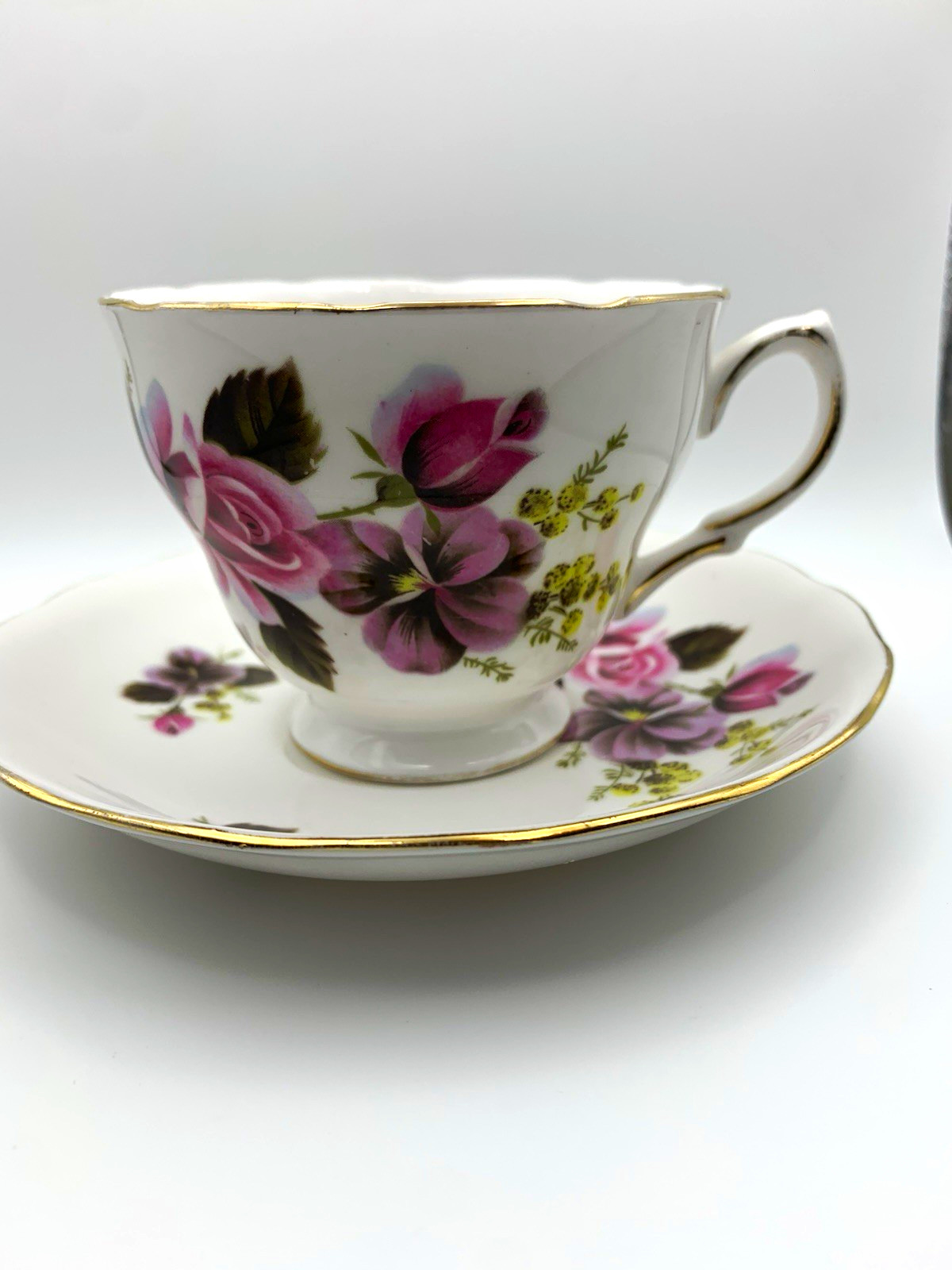 Vintage 1966 Crown Royal Bone China Teacup and Saucer Set Pink Rose Purple Pansy