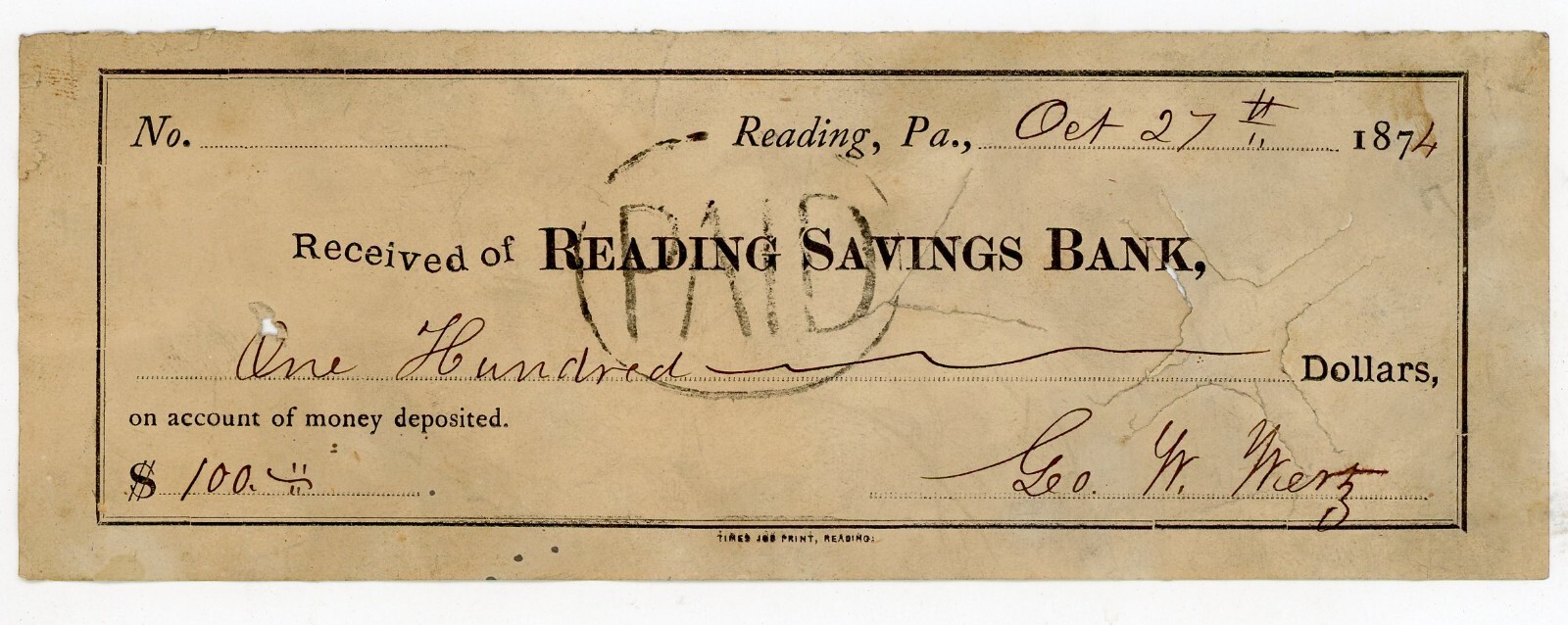 1874 Signed George W Wertz son Samuel Feed Store Reading PA Savings Bank Check