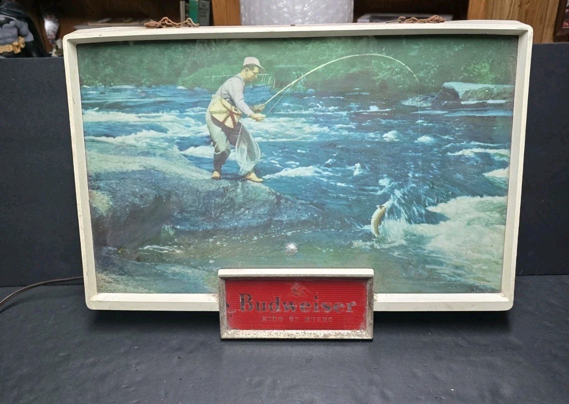 Vintage 1950s Budweiser Beer Lighted Sign Man Fly Fishing Trout Stream Scene