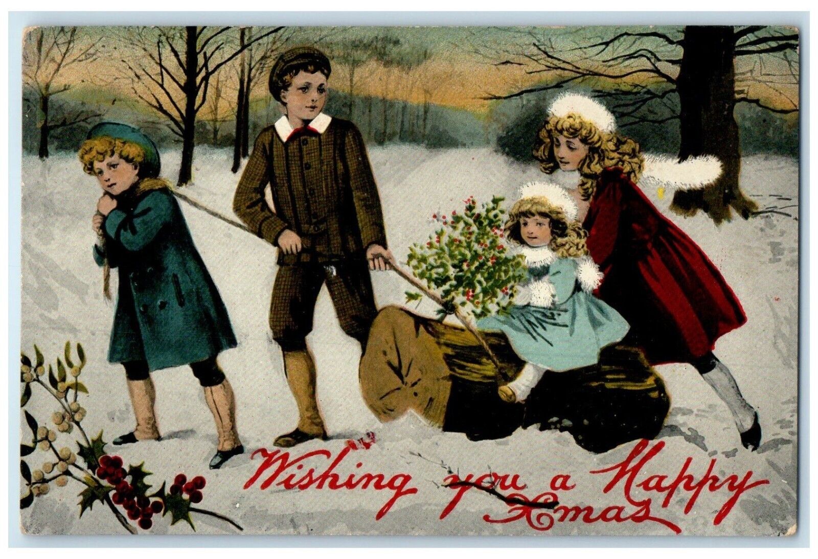 c1910's Christmas Children Log Winter Scene Holly Berries Antique Postcard
