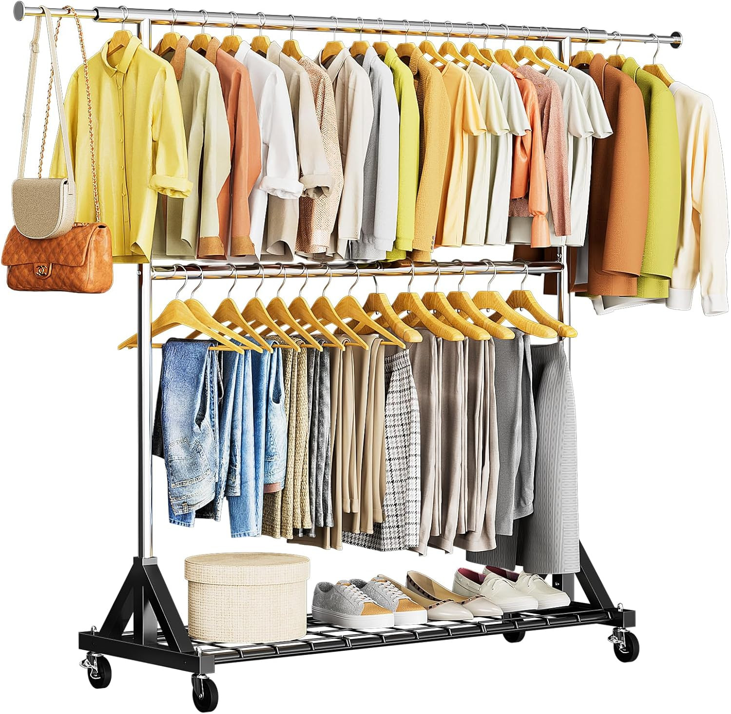Heavy Duty Clothes Rack with Lockable Wheels Load 600 LBS, Silver