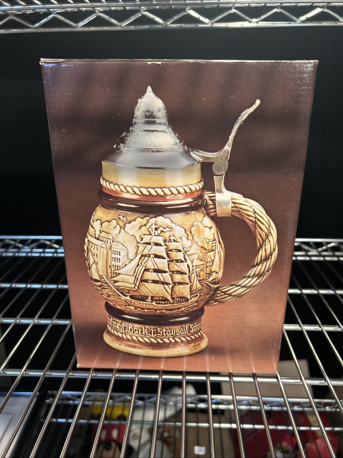 1977 Avon Tall Ships Beer Stein w/ Cologne & Box Brazil Pewter Lid