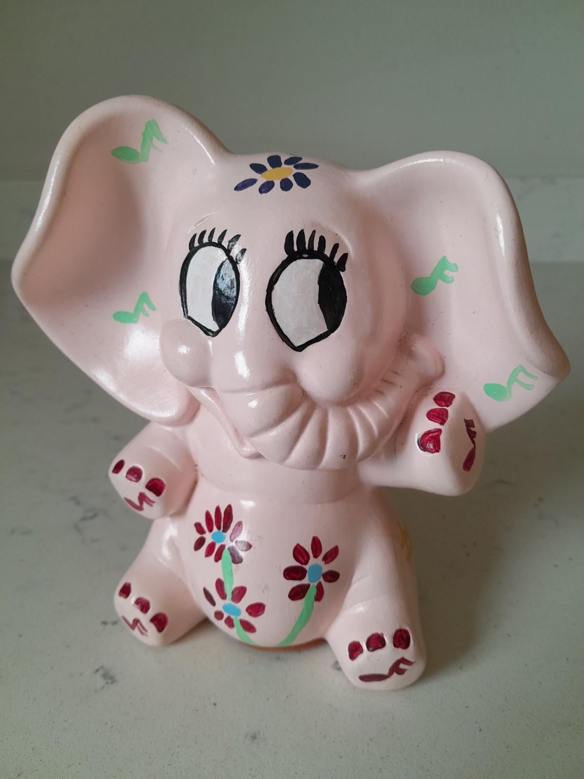 Vintage Kitsch Anthropomorphic Chalkware Pink Elephant Bank Japan EUC Complete 